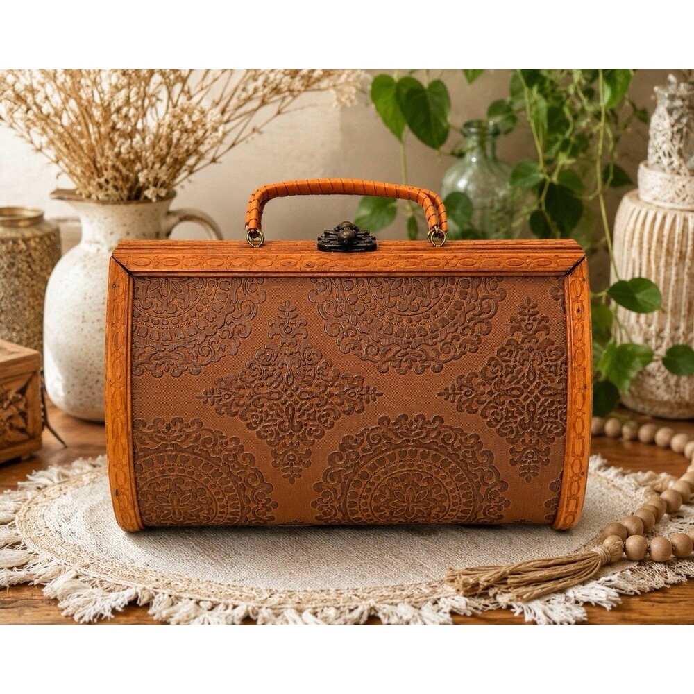 Vintage 40s Style Carved Wooden Box Purse Embossed Floral Handle Handbag Boho